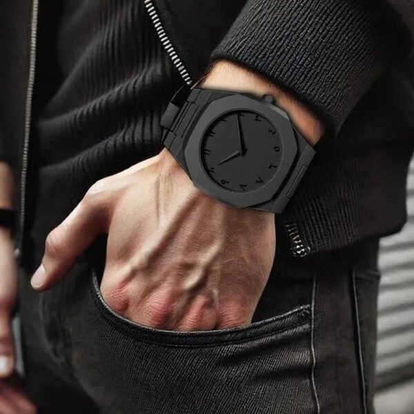 The Noir Eastern Minimalist – Matte Black Octagonal Timepiece (Without Box)